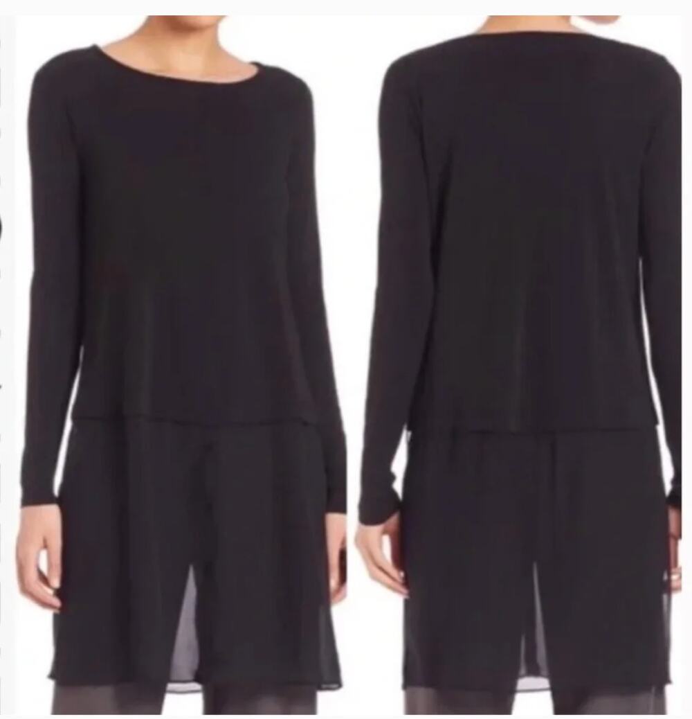 NEW Eileen Fisher black ballet neck 100% silk tunic length sheer bottom top 1X